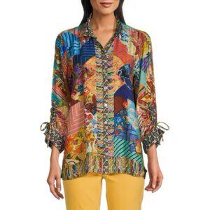 John Mark Woven Multi Patch Print Point Wire Collar Neck 3/4 Sleeve Blouse